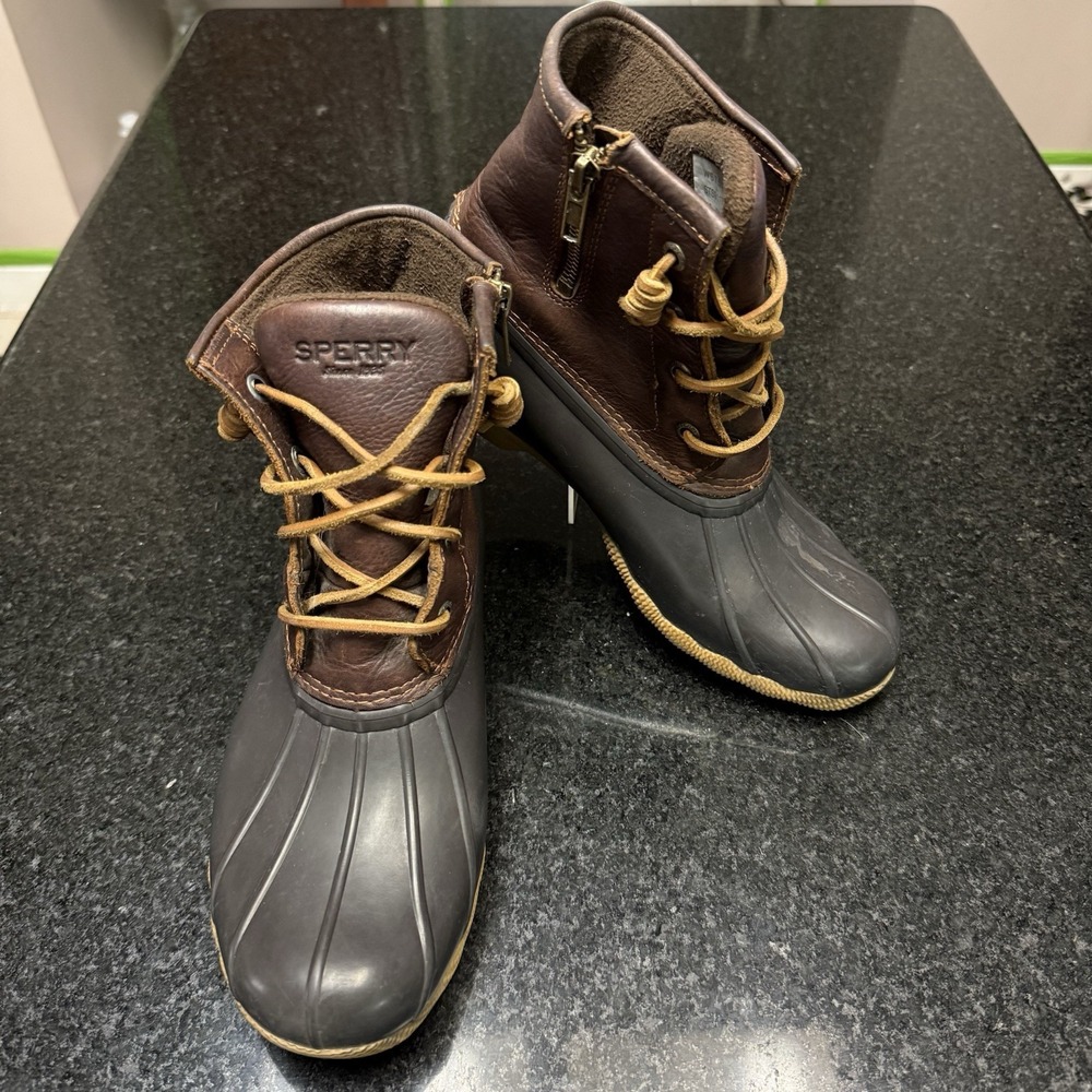 Sperry Saltwater Duck Boots Womens 7.5 M Brown Leather Rubber Zip STS91176
